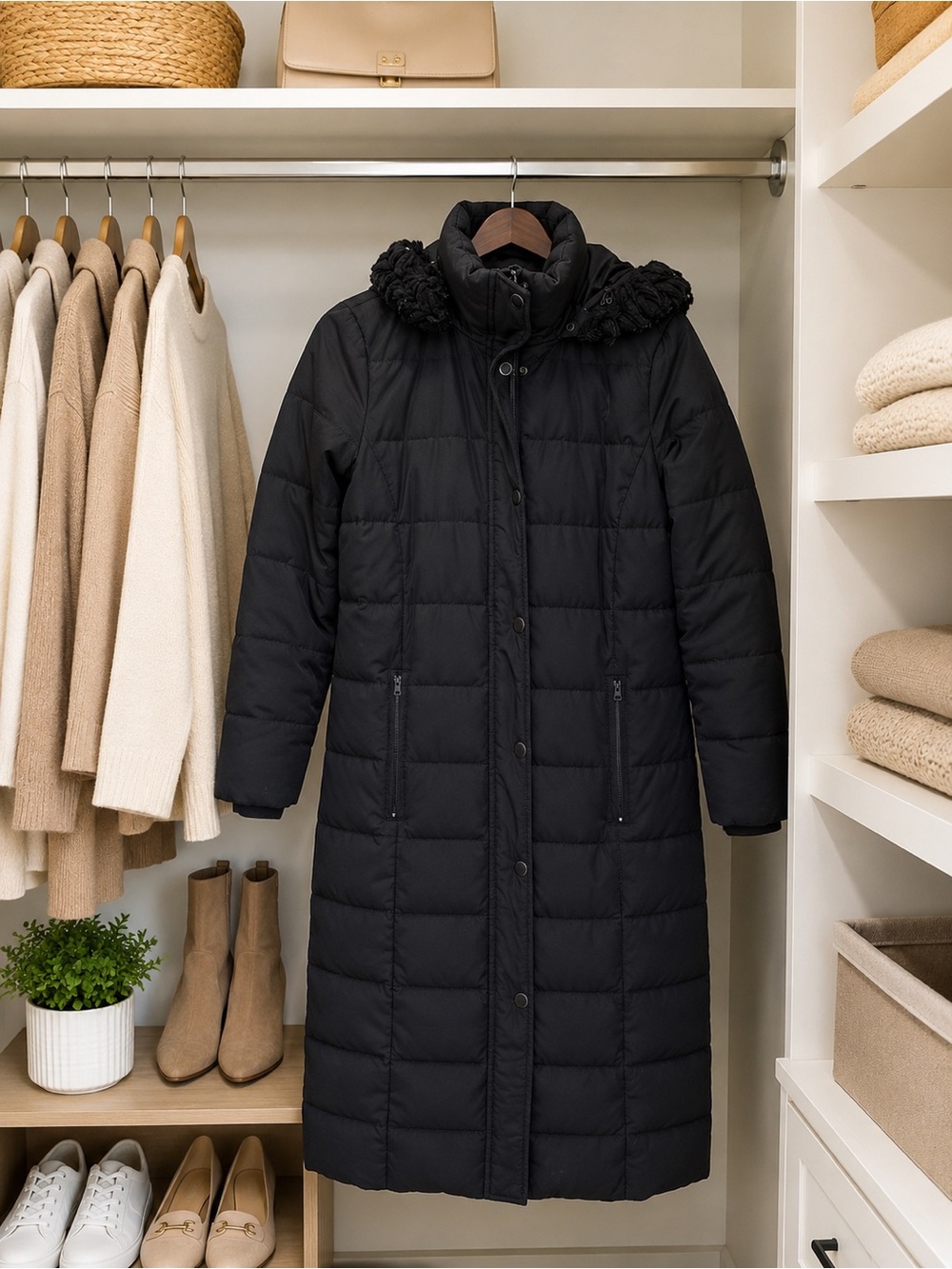 Women's Lands End Black Long Quilted Puffer Coat with Hood